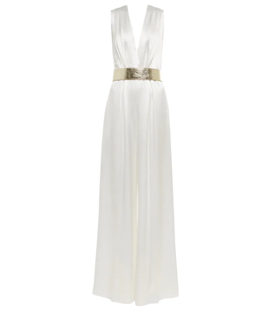 Shop Costarellos Keaton Belted Satin Jumpsuit In Off White