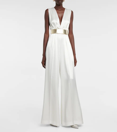 Shop Costarellos Keaton Belted Satin Jumpsuit In Off White