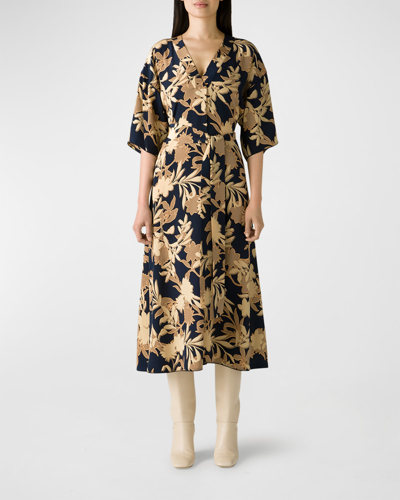 Shop St John Floral-print Belted Silk Crepe De Chine Midi Dress In Navy Multi