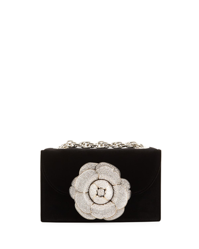 Shop Oscar De La Renta Tro Flower Velvet Crossbody Bag In Black/crystal