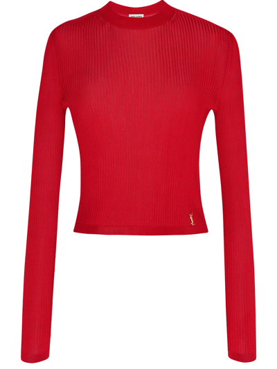 Shop Saint Laurent Monogram Ribbed Top In Red