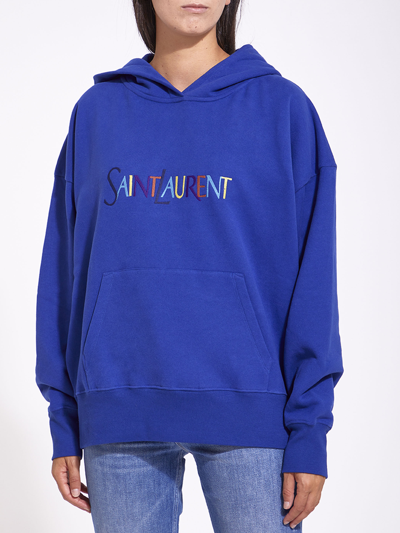 Shop Saint Laurent Blue Hoodie With Logo