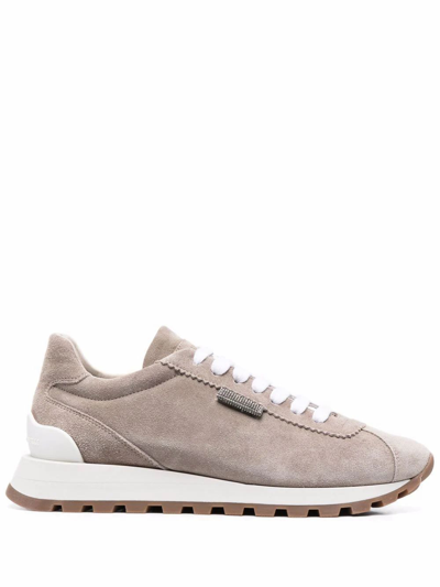 Brunello Cucinelli Suede Sneakers With Shiny Tab In Beige
