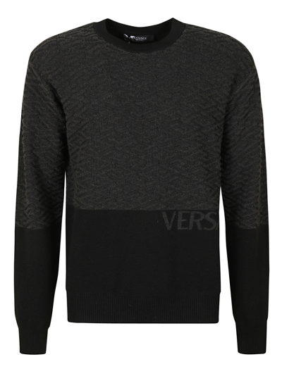 Shop Versace Logo Embroidered Rib Knit Sweater In Black