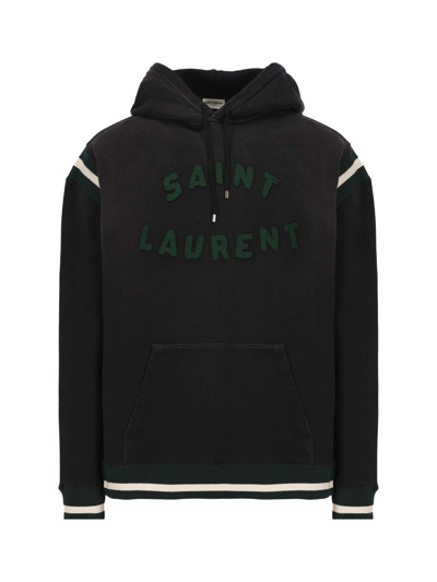 Shop Saint Laurent Logo Detailed Drawstring Hoodie In Nero Multicolor