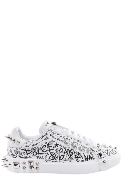 Shop Dolce & Gabbana Portofino Stud Embellished Lace-up Sneakers In Bianco Multicolor