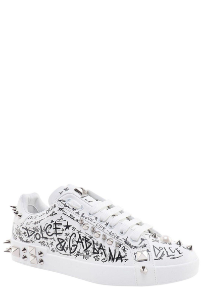 Shop Dolce & Gabbana Portofino Stud Embellished Lace-up Sneakers In Bianco Multicolor