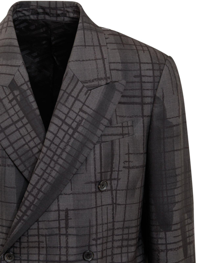 Shop Versace Graffiti-printed Long Sleeved Blazer In Grey