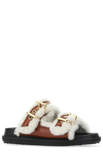 Marni Gold-tone Buckle Shearling Slides In Brown