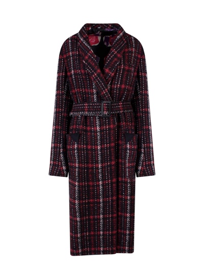 Marni Reversible Madras Coat With Double Belt In Red/black