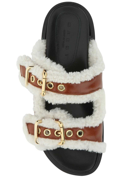 Marni Gold-tone Buckle Shearling Slides In Brown