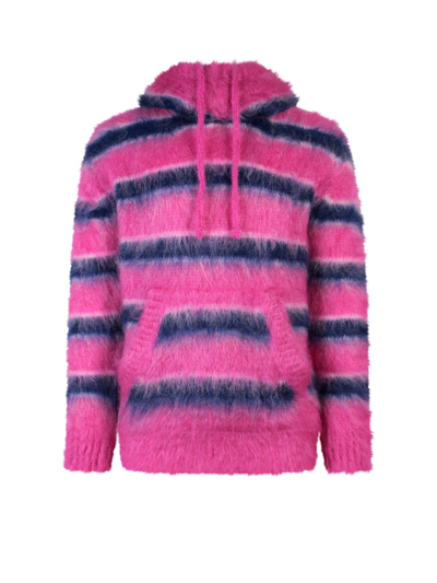 Shop Marni Striped Drawstring Hooded Sweater In Pink