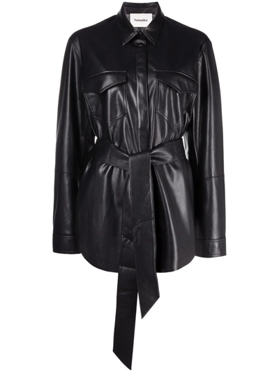 Shop Nanushka Vegan-leather Belted Oversize Shirt In Black