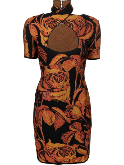Roberto Cavalli Rose-jacquard Cut-out Mini Dress In Black