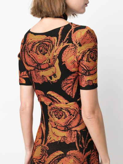Roberto Cavalli Rose-jacquard Cut-out Mini Dress In Black