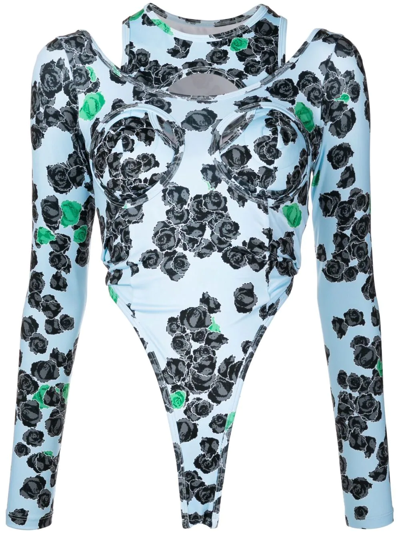 Natasha Zinko Rose-print Long-sleeved Bodysuit In Blue