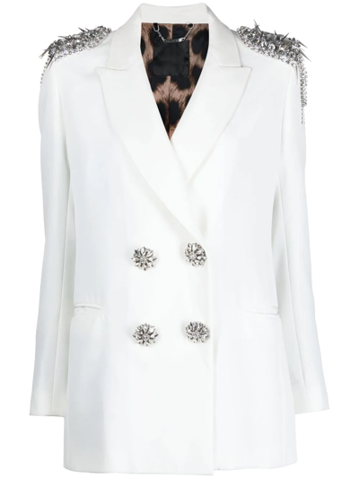 Shop Philipp Plein Crystal-embellished Double-breasted Blazer In White