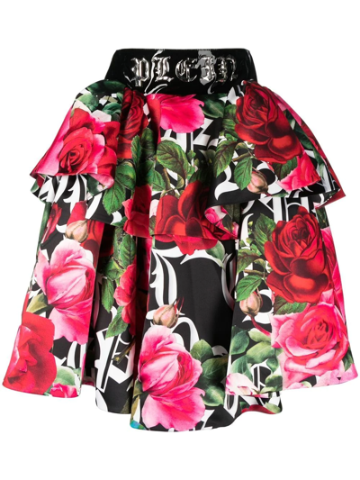 Shop Philipp Plein Blossom Floral-print Skirt In Black