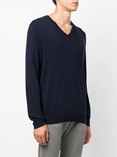 Shop Polo Ralph Lauren Embroidered-logo V-neck Sweater In Blue