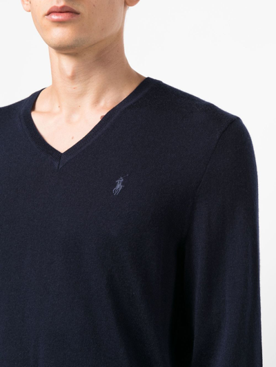 Shop Polo Ralph Lauren Embroidered-logo V-neck Sweater In Blue