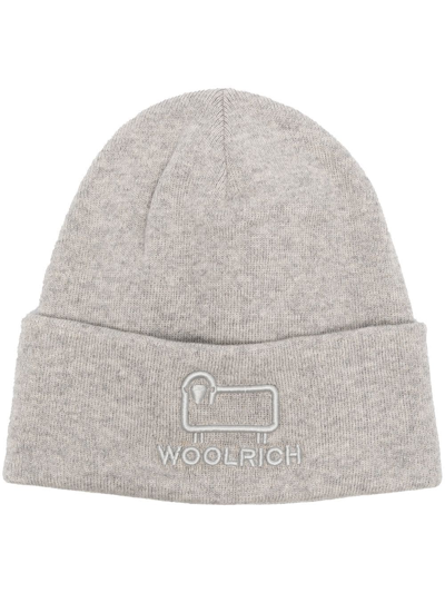 Shop Woolrich Embroidered-logo Beanie Hat In Grey