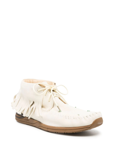 Shop Visvim Fringed Leather Loafers In Neutrals