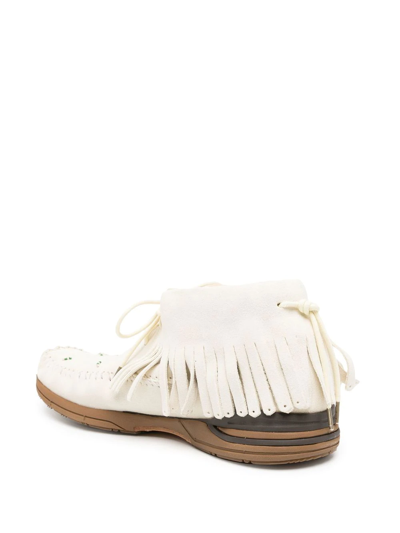 Shop Visvim Fringed Leather Loafers In Neutrals