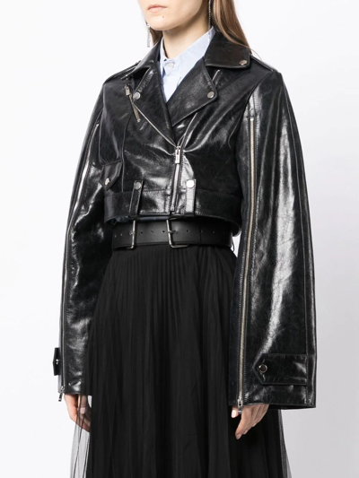 Rokh Cropped Leather Biker Jacket In Black