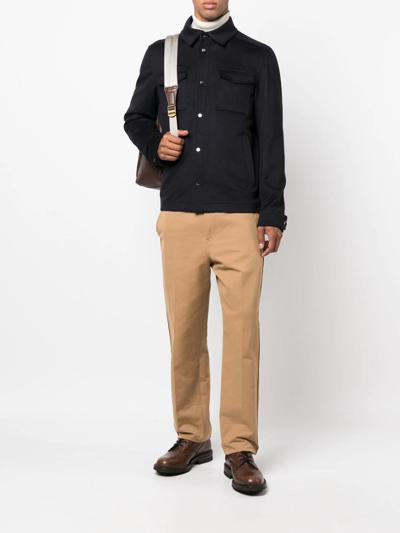 Herno Snap Front Chest Flap Pocket Brushed Wool Cashmere Blend Lined Shirt Jacket In Blue