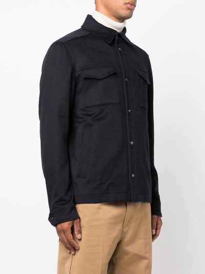 Herno Snap Front Chest Flap Pocket Brushed Wool Cashmere Blend Lined Shirt Jacket In Blue