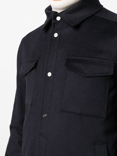 Herno Snap Front Chest Flap Pocket Brushed Wool Cashmere Blend Lined Shirt Jacket In Blue