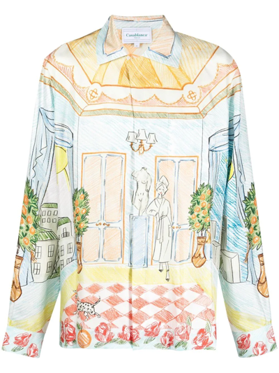 Shop Casablanca Illustration-style Print Silk Shirt In Neutrals