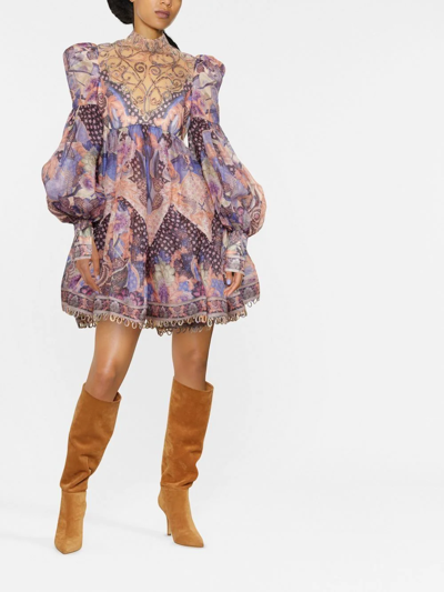 Shop Zimmermann Celestial Swirl Yoke Mini Dress In Purple