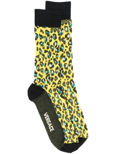 Shop Versace Logo Leopard-print Socks In Yellow