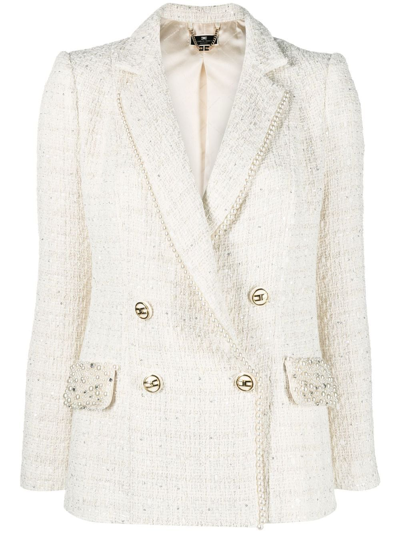 Shop Elisabetta Franchi Double-breasted Tweed Jacket In Neutrals