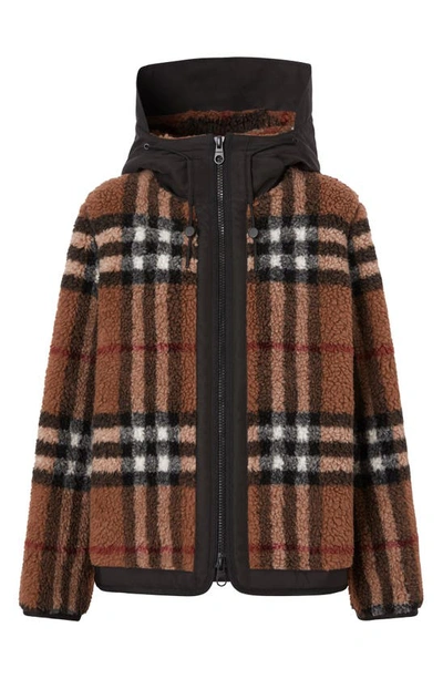 Shop Burberry Adeney Check Fleece Hooded Jacket In Birch Brown Ip Chk