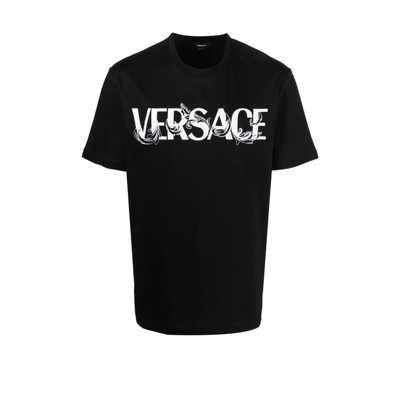 Shop Versace Black Baroque Silhouette Logo Print Cotton T-shirt