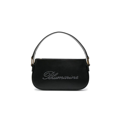 Shop Blumarine Black Rhinestone Logo Leather Shoulder Bag