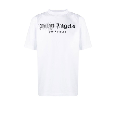 Shop Palm Angels White Logo Print Cotton T-shirt
