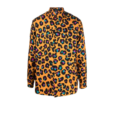 Shop Versace Orange Daisy Leopard Print Silk Shirt