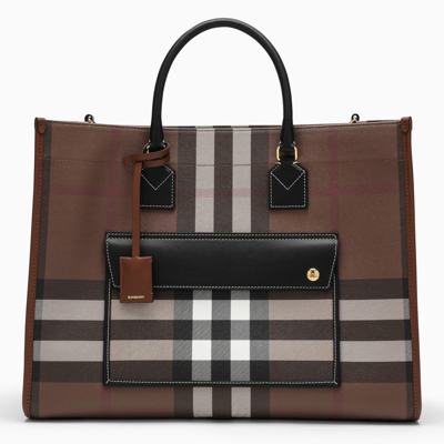 Shop Burberry Freya Medium Tote Bag With A Tartan Pattern And Leather Inserts In Multicolor