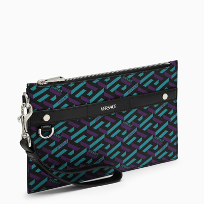 Shop Versace Teal And Purple La Greca Print Pouch In Green