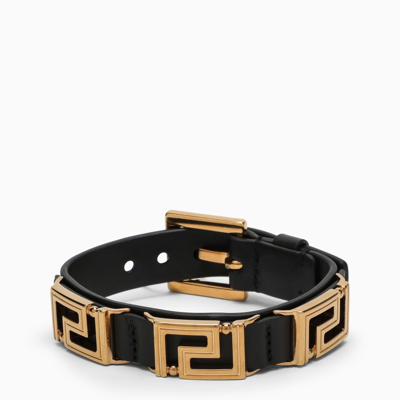 Shop Versace La Greca Black And Gold Bracelet