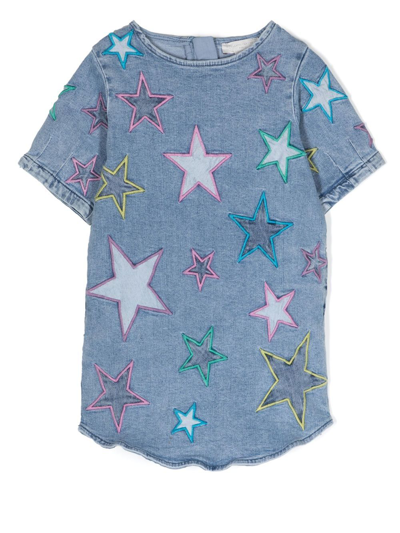 Shop Stella Mccartney Teen Embroidered Star Denim Dress In Blue