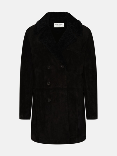 Shop Saint Laurent Black Suede And Sheepskin Coat