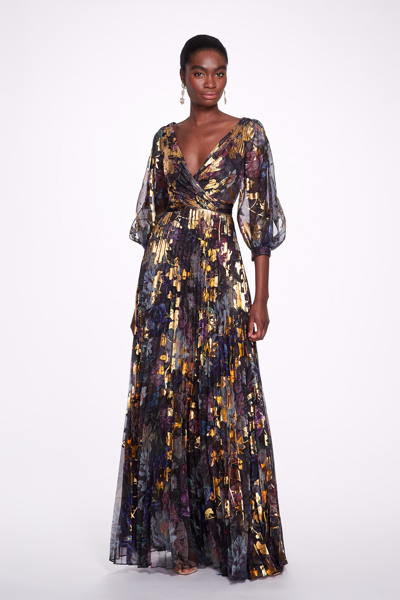 Shop Marchesa Notte Foiled And Printed Chiffon Gown