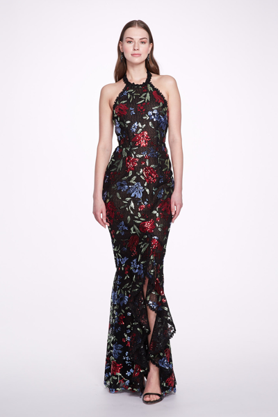 Shop Marchesa Notte Halter Neck Embroidered Sequin Gown