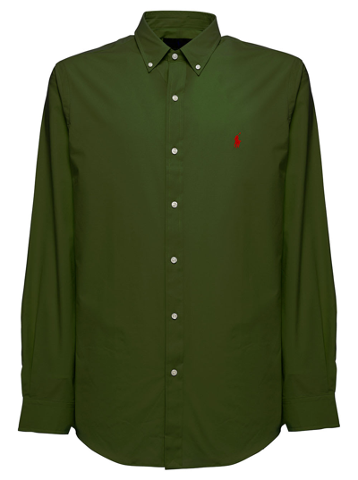 Shop Polo Ralph Lauren Mans Green Cotton Poplin Shirt With Logo In Supply Olive