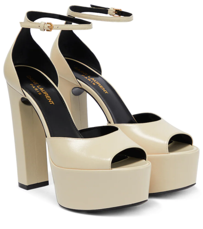 Saint Laurent Platform Ankle-strap Leather Sandals In Pearl