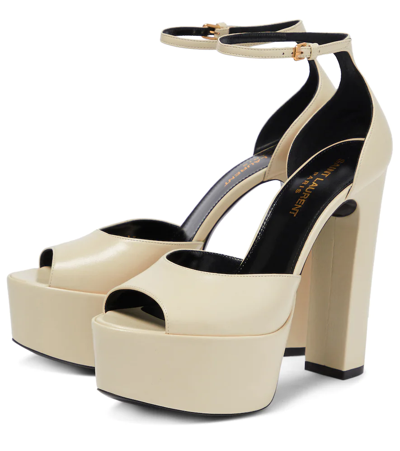 Saint Laurent Platform Ankle-strap Leather Sandals In Pearl